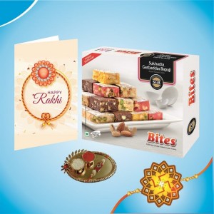 Dry Fruit Bites with 1 Rakhi + Bandhan Thali + Personalized Greeting Card Combo Pack