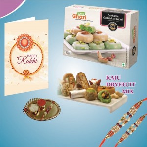 Kaju Dryfruit Mix + Ghee Ghari with 2 Rakhis + Bandhan Thali + Personalized Greeting Card Combo Pack
