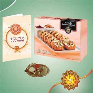 Halwason with 1 Rakhi + Bandhan Thali + Personalized Greeting Card Combo Pack