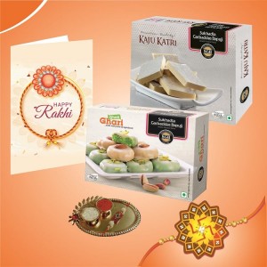 Kaju Katli + Ghee Ghari with 1 Rakhi + Bandhan Thali + Personalized Greeting Card Combo Pack