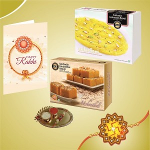 Mohanthal + Sutarfeni with 1 Rakhi + Bandhan Thali + Personalized Greeting Card Combo Pack