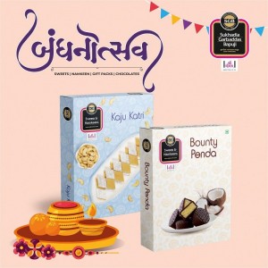 Rakhi Kaju Katri + Bounty Penda + Bandhan Thali + Greeting Card Combo Pack
