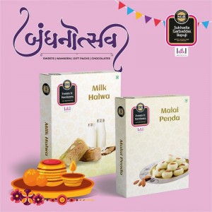 Rakhi Milk Halwa + Malai Penda + Bandhan Thali + Greeting Card Combo Pack