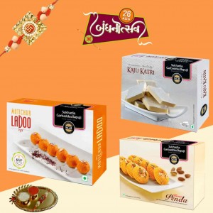 Rakhi Motichur Ladoo + Kaju Katri + Kesar Penda Combo Pack With 1 Rakhi and 1 Bandhan Thali